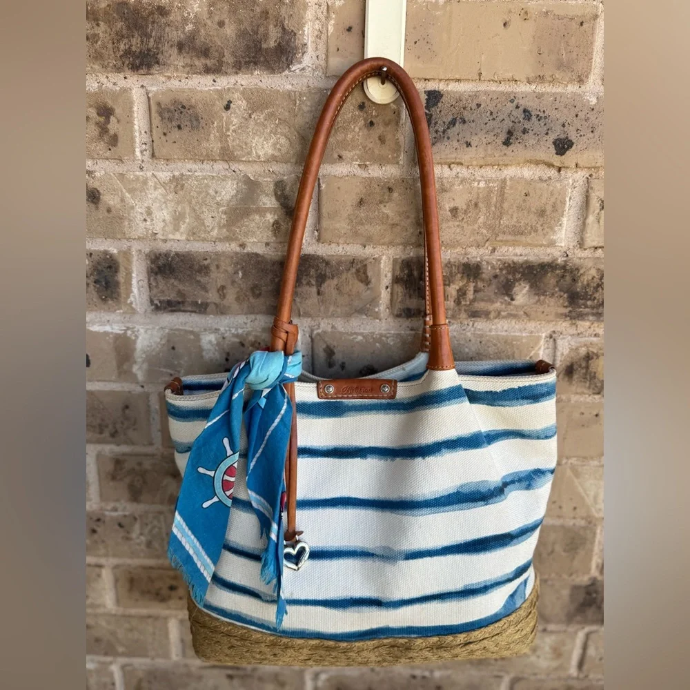 Brighton Espadrille Blue and White Striped Nautical Tote with Tan Handles - Picture 4 of 16